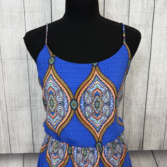Oddy Anthropologie Women Large Blue Ethnic Print Boho Spaghetti Strap Mini Dress - Picture 2 of 8